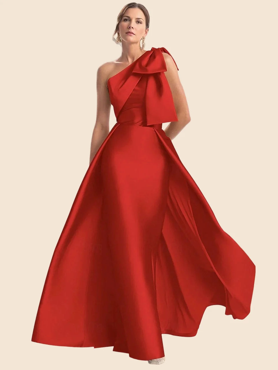 Bow Asymmetrical Neck A-Line Floor-Length Satin Prom Dress for Hotel Gala