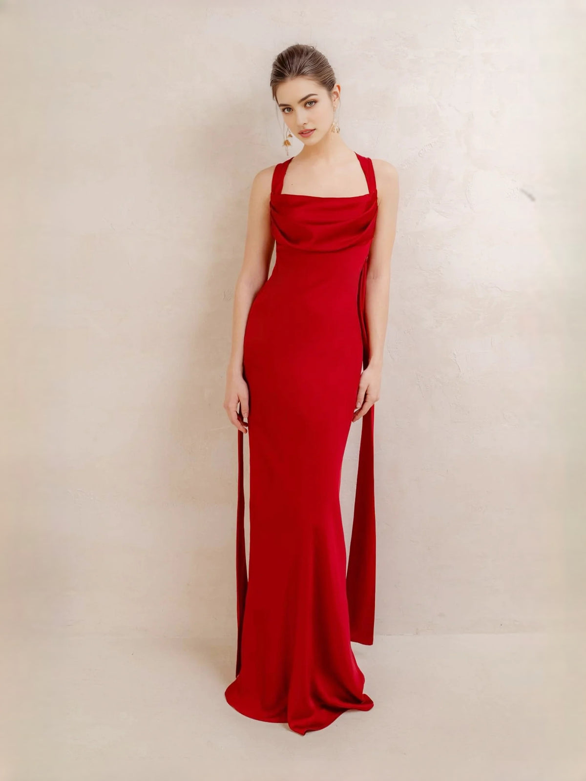 Draped Cowl Neck Sheath Maxi Satin Prom Dress for Celebration Dinner