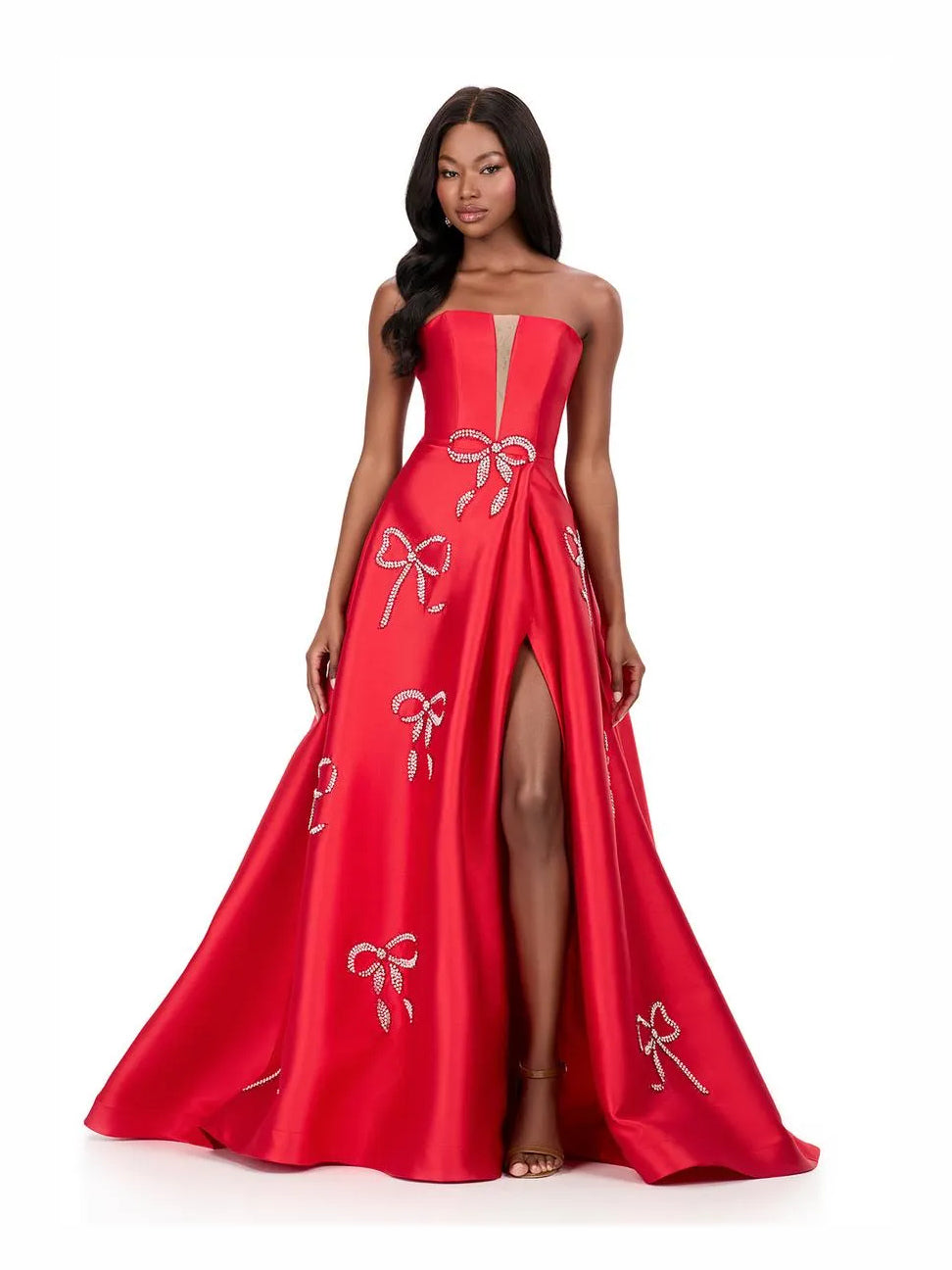Front-Slit Bow Slit Strapless A-Line Maxi Satin Prom Dress for Red Carpet Event
