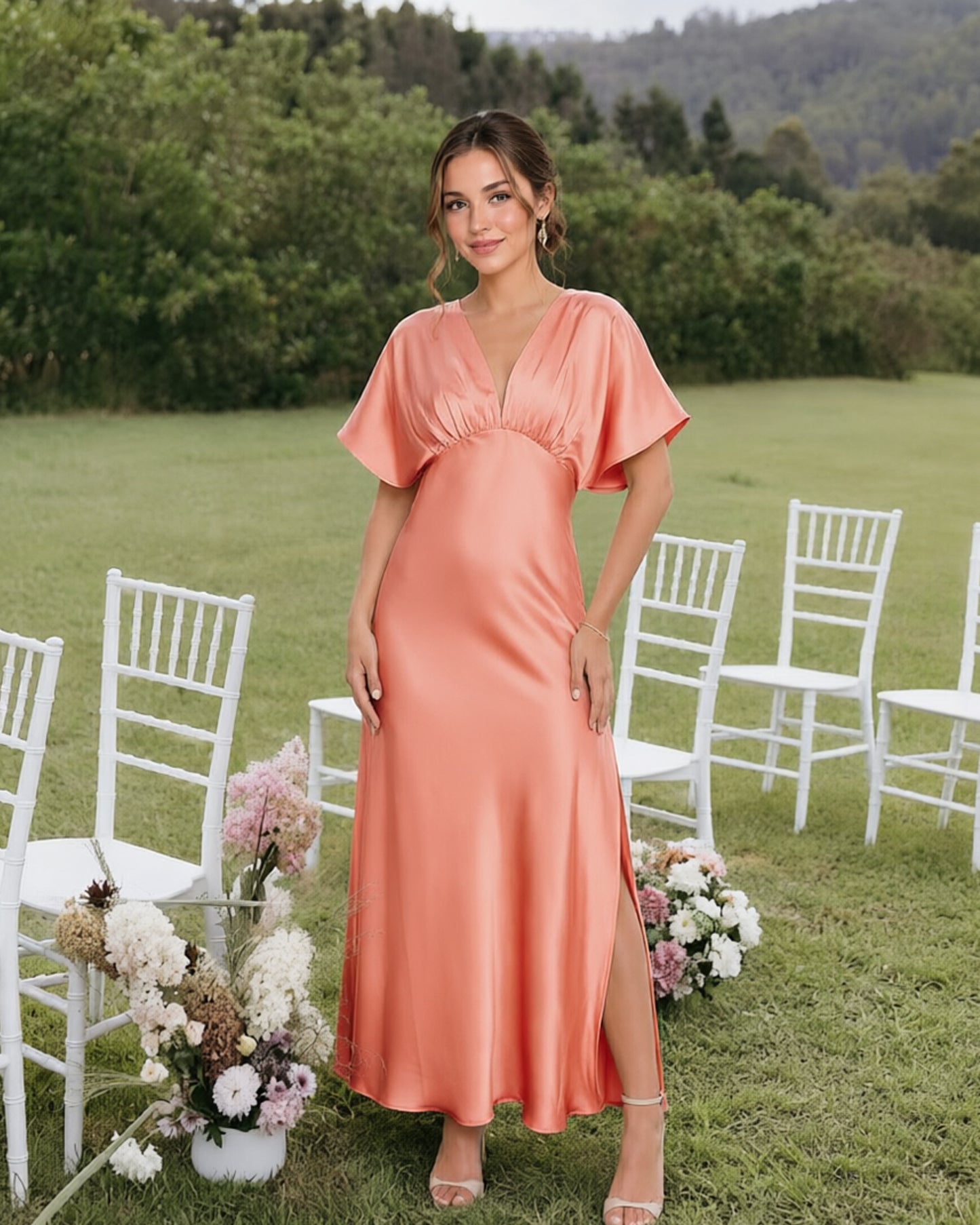 Empire Waist Satin Bridesmaid Dress with Flutter Sleeves and Side Slit