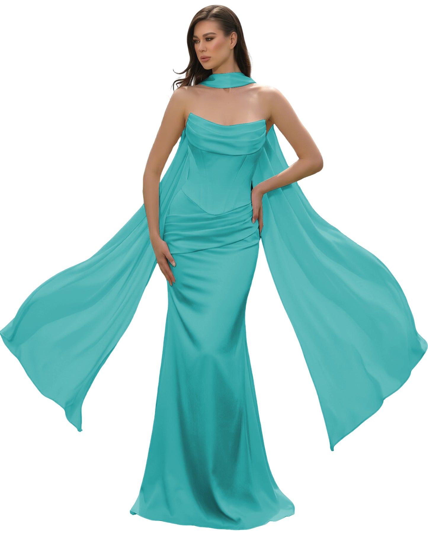 Satin Corset Mermaid Bridesmaid Dress with Cowl Neck and Dramatic Scarf