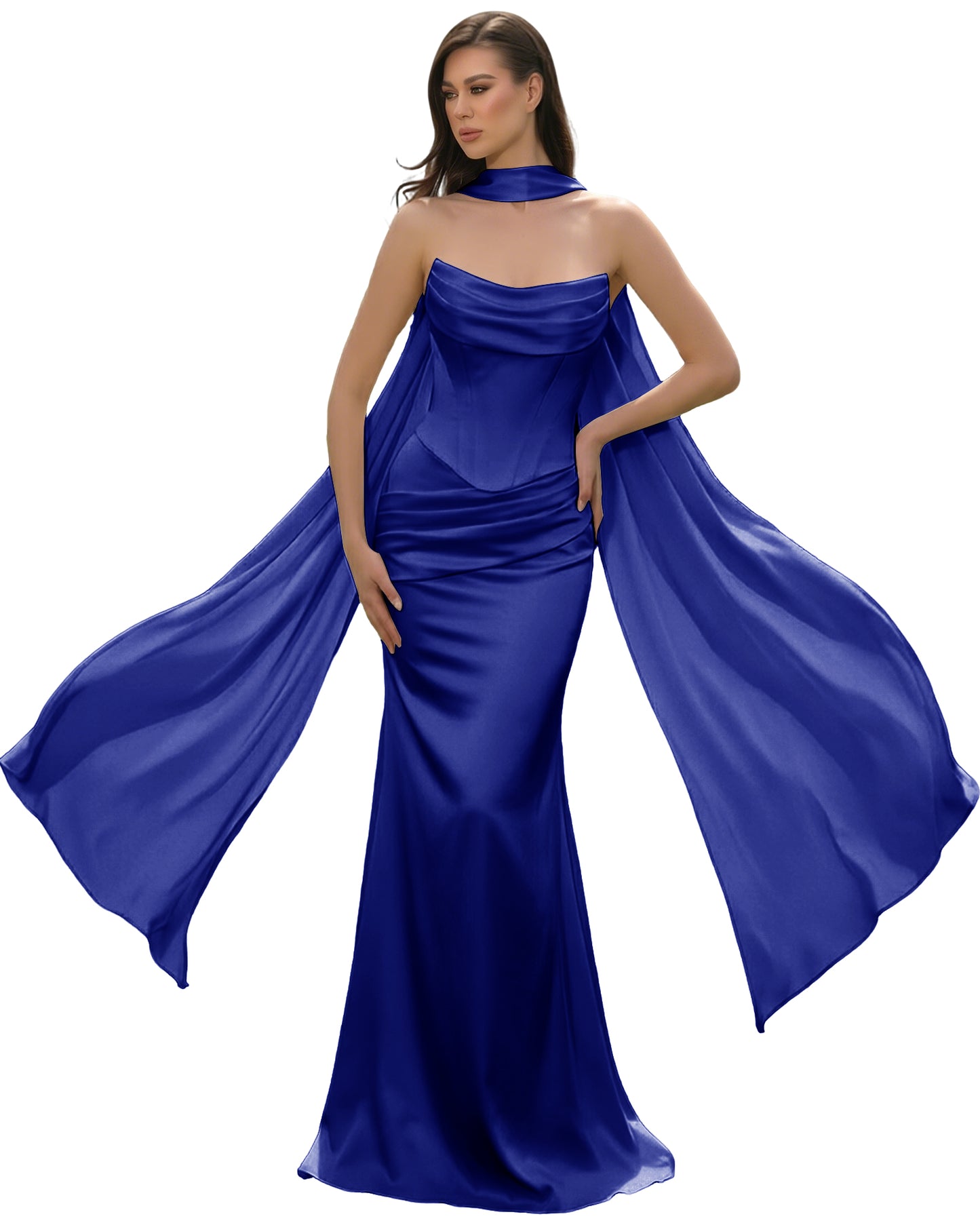 Satin Corset Mermaid Bridesmaid Dress with Cowl Neck and Dramatic Scarf