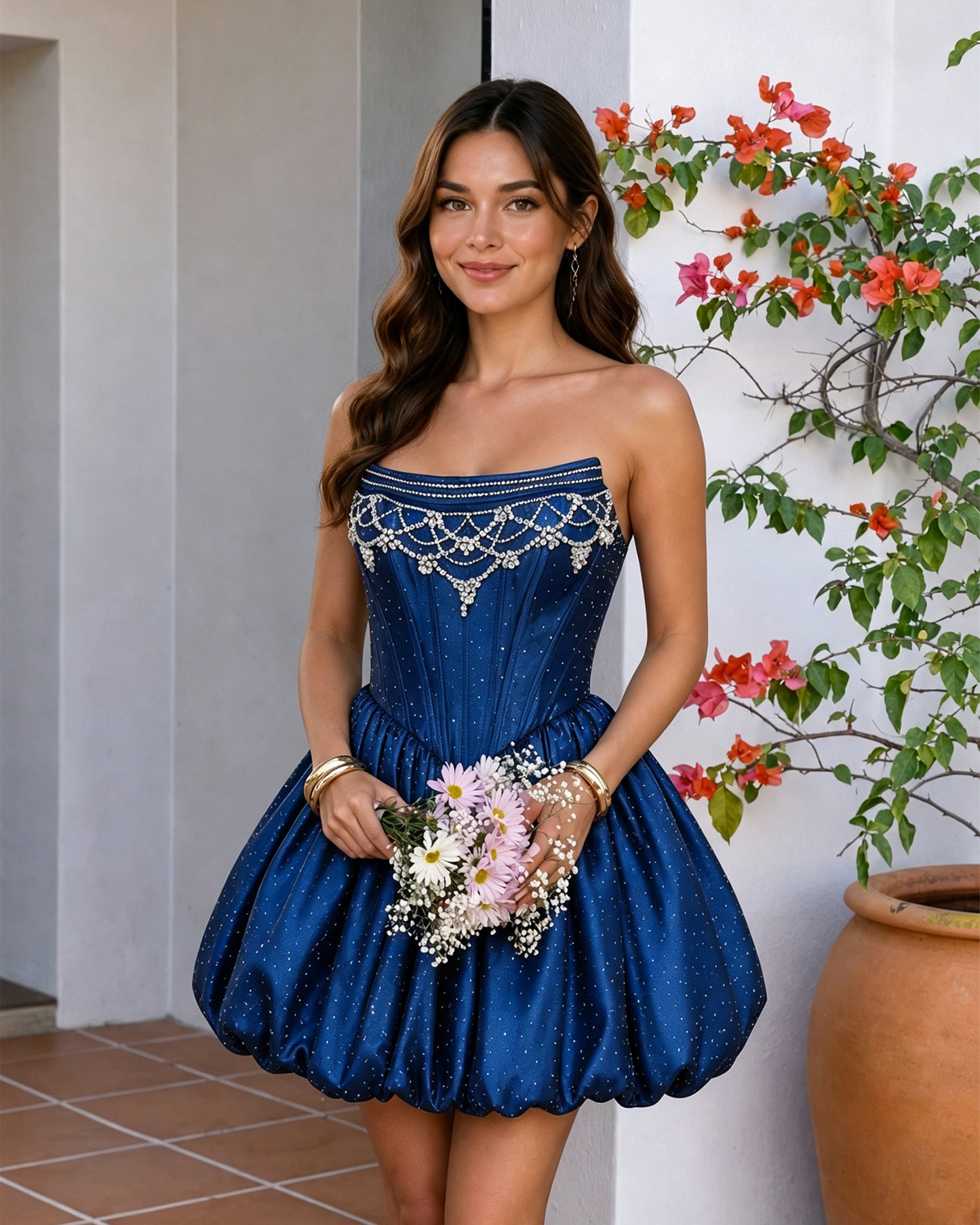 Strapless Beaded Corset Bubble Hem Homecoming Dress