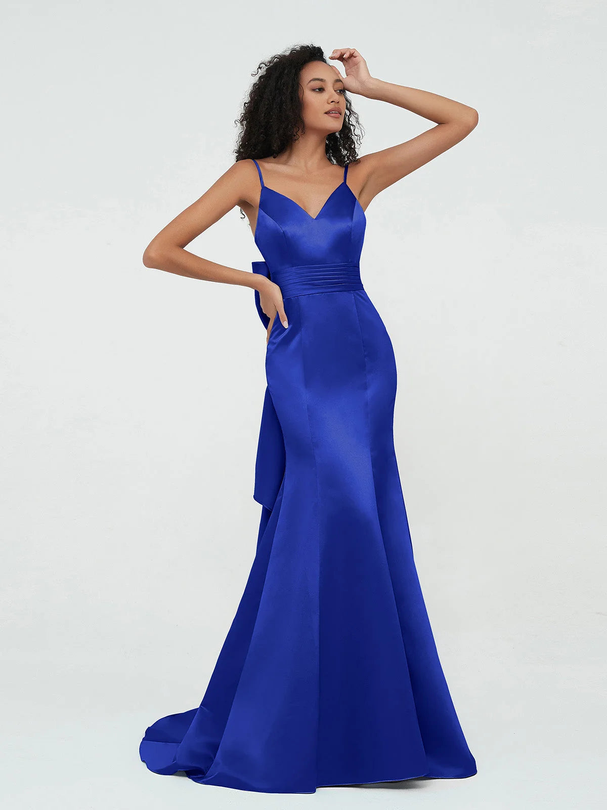 Draped Bow V Neck Mermaid Maxi Satin Prom Dress for Senior Prom