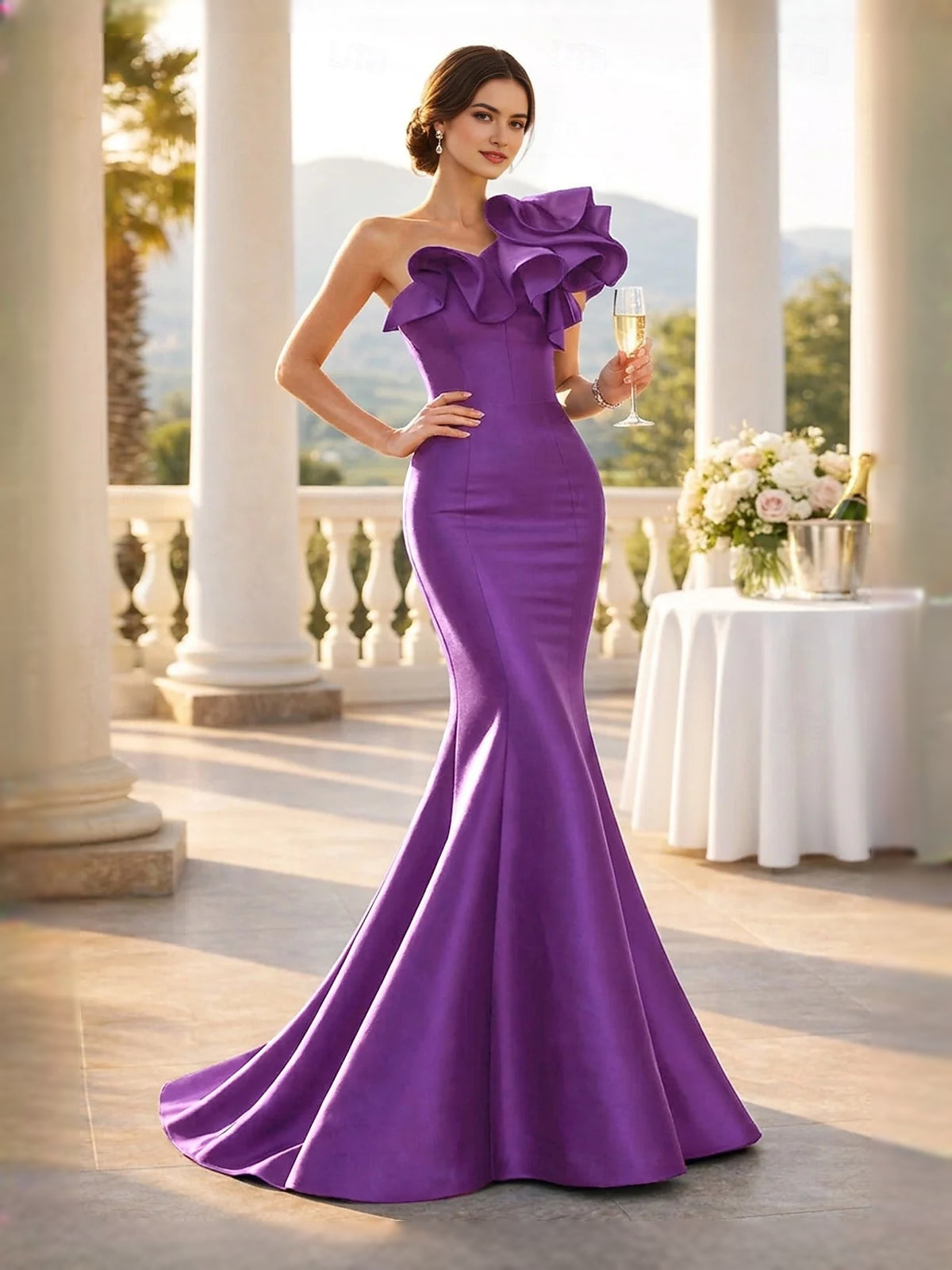 Cut-Out Ruffled One Shoulder Mermaid Midi Satin Prom Dress for Black Tie Event
