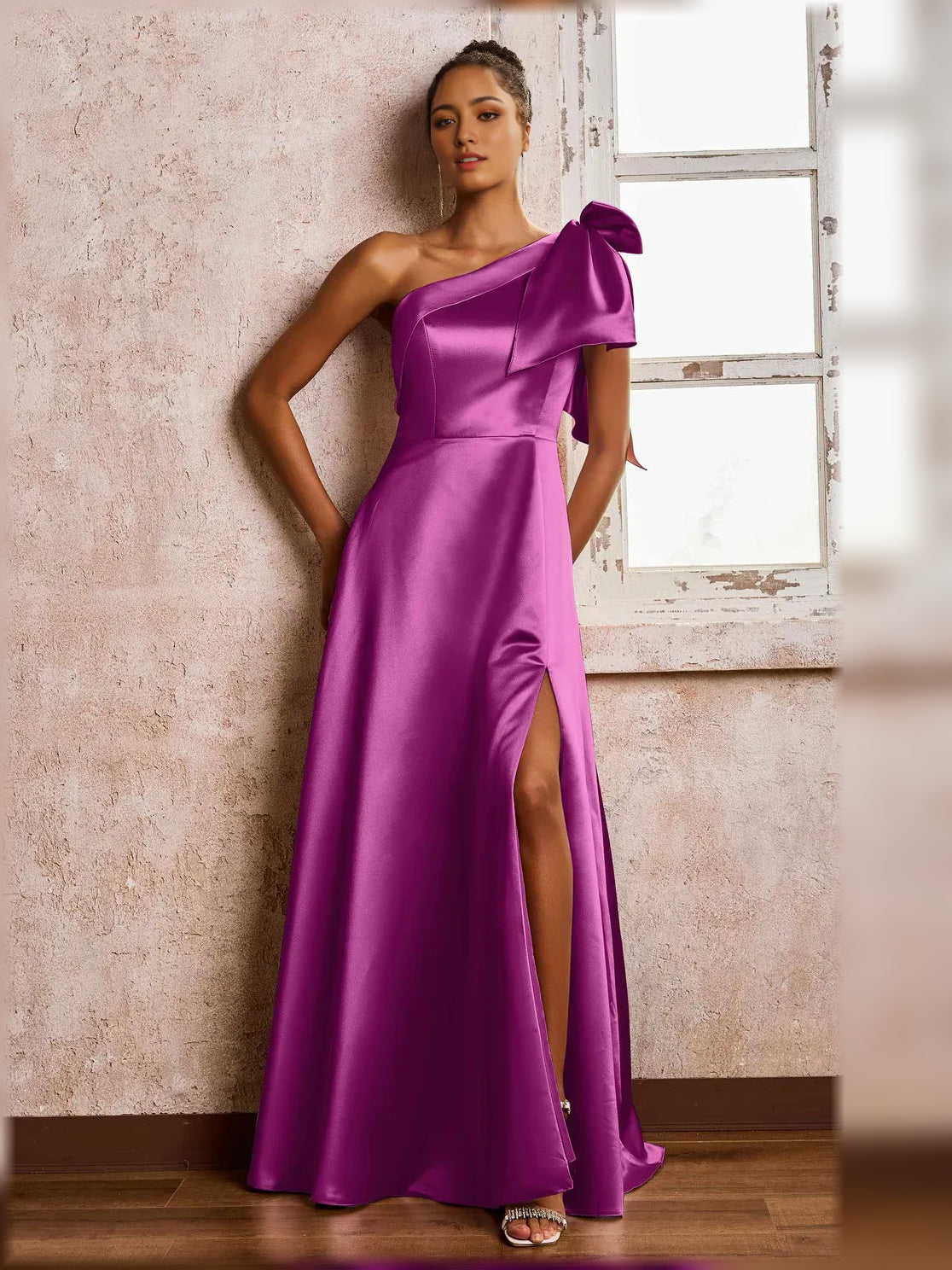 One-Shoulder Slit A-Line Floor-Length Romantic Formal Dress