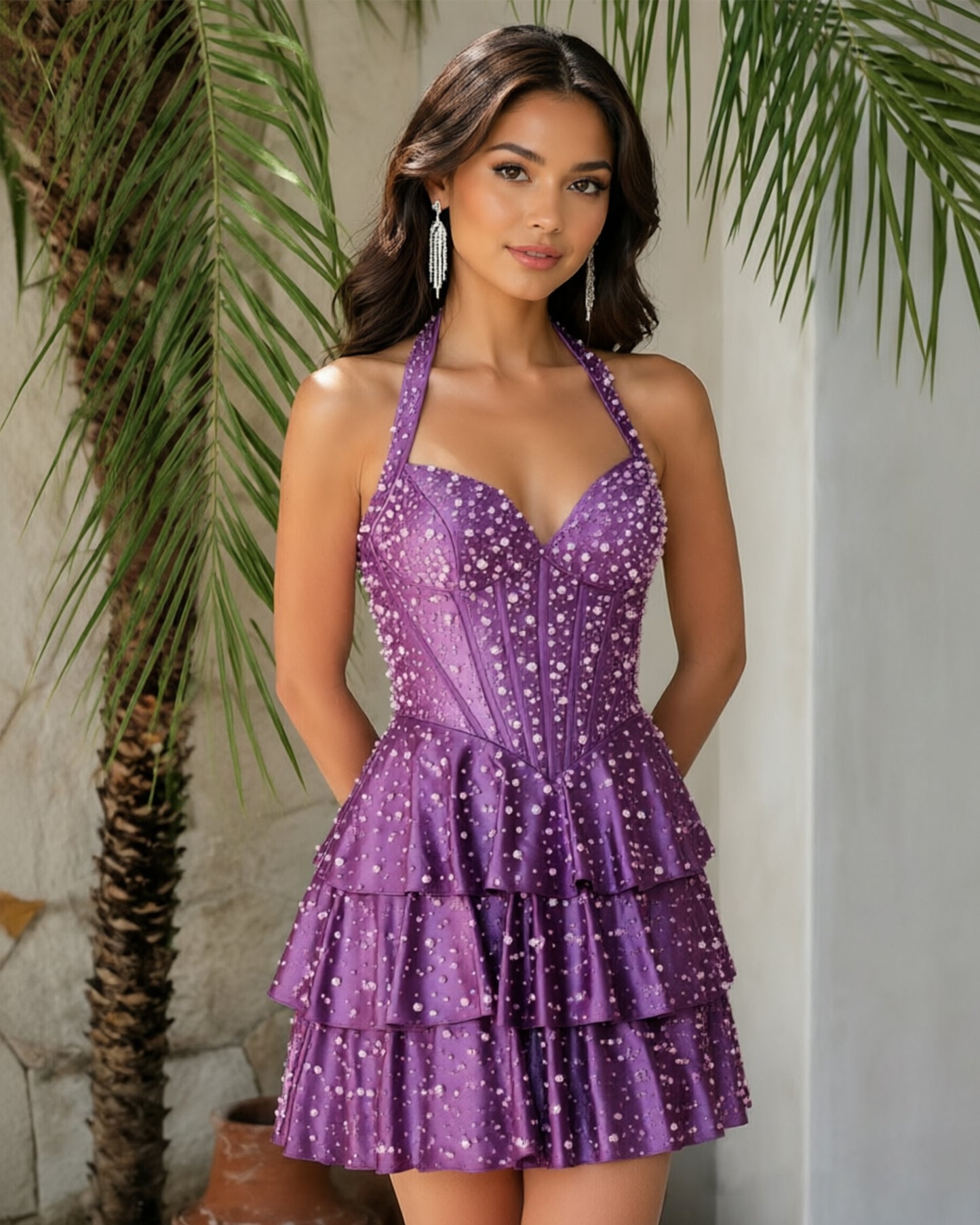 Halter Beaded Corset Tiered Homecoming Dress