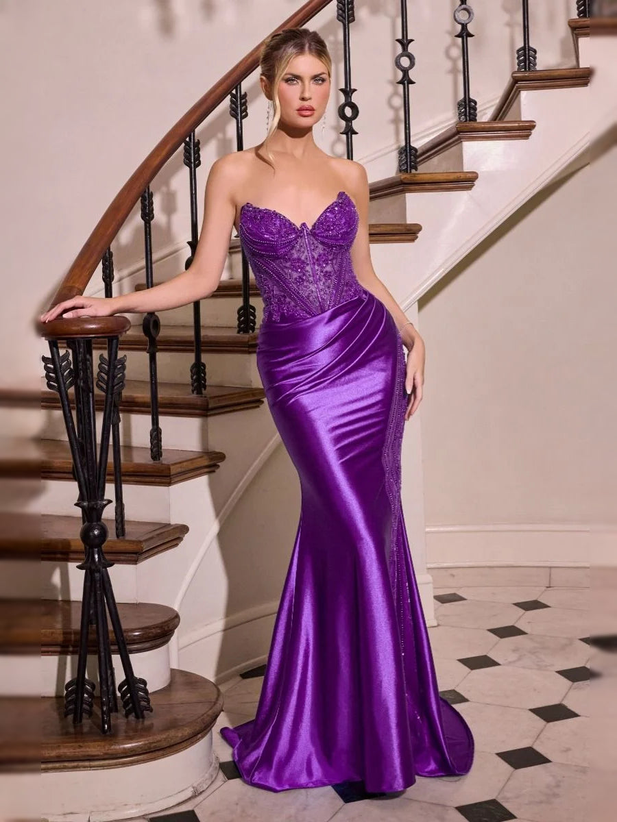Ruched Corset Slit Sweetheart Mermaid Floor-Length Satin Prom Dress for Formal Reception
