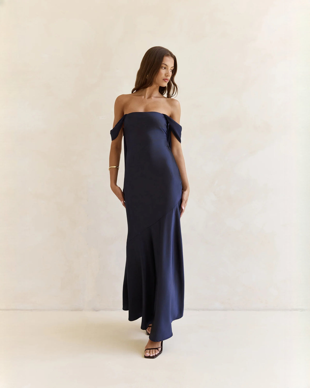 Off-Shoulder Satin A-Line Maxi Bridesmaid Dress for Civil Ceremony