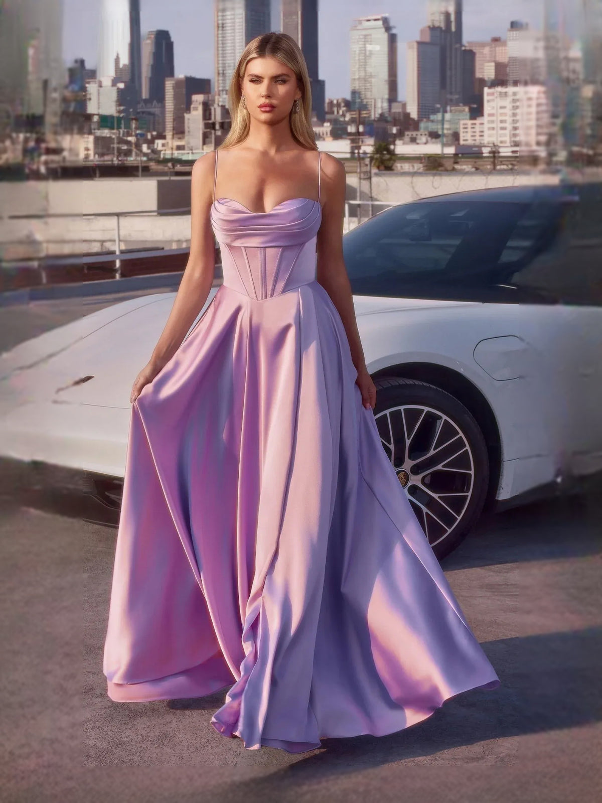 Ruched Corset Slit Sweetheart A-Line Floor-Length Satin Prom Dress for Charity Ball