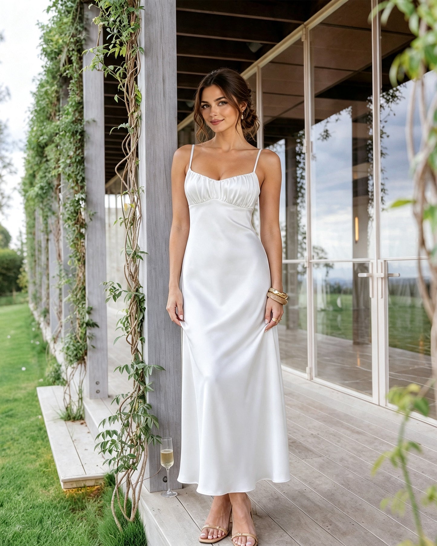 Spaghetti Strap Ruched Bust Satin Bridesmaid Dress with Tie-Back
