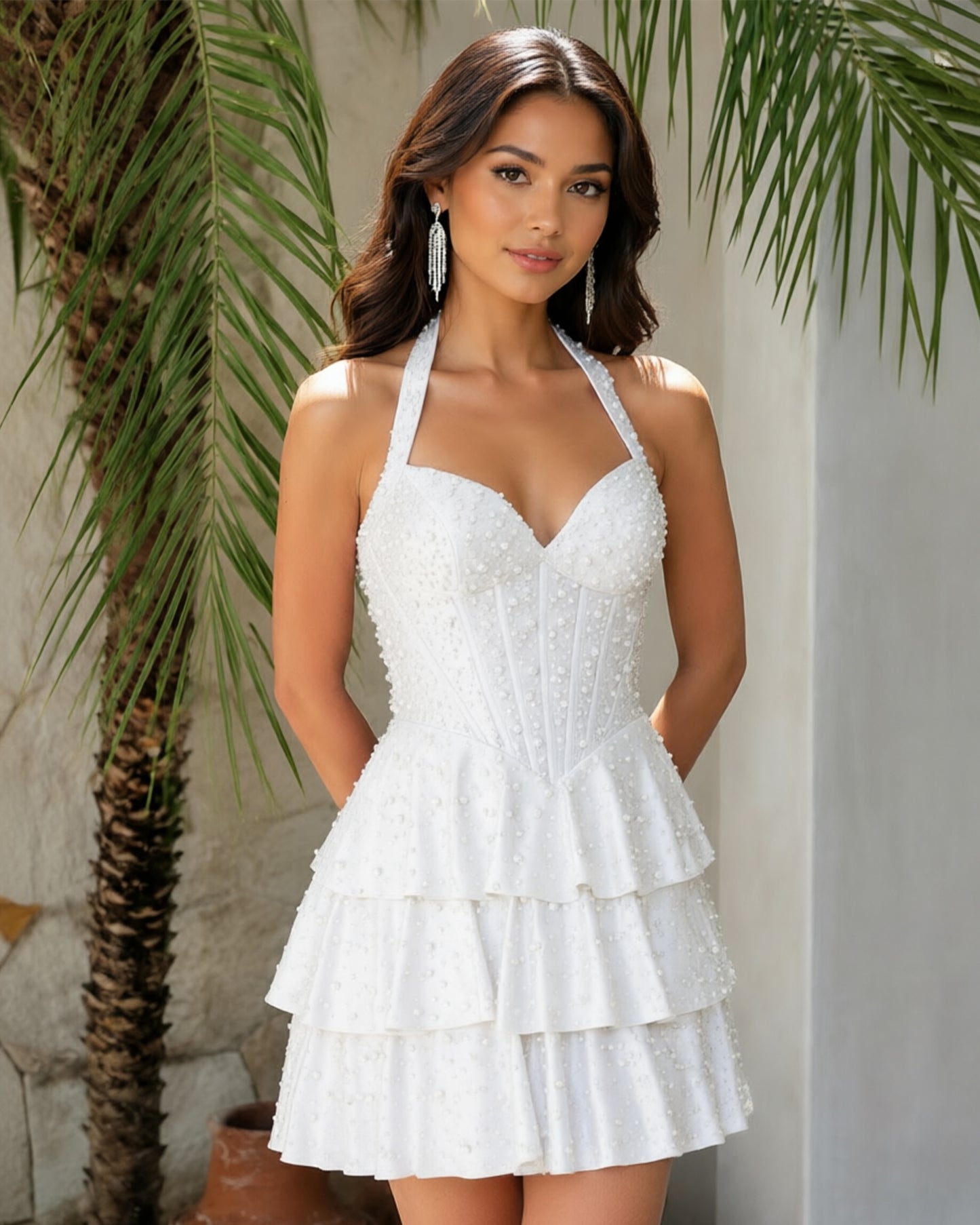 Halter Beaded Corset Tiered Homecoming Dress