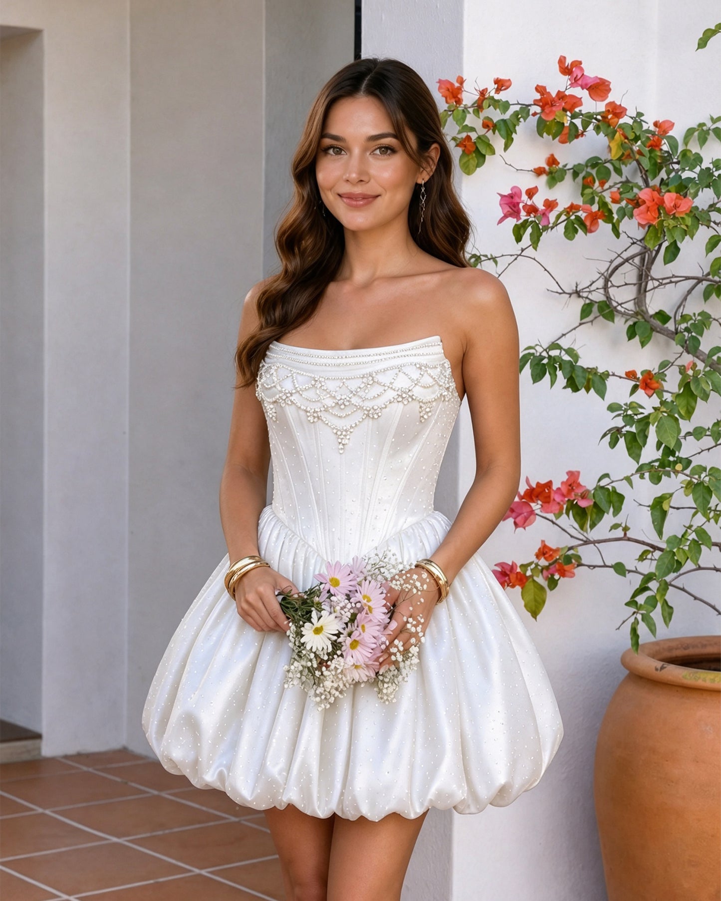 Strapless Beaded Corset Bubble Hem Homecoming Dress