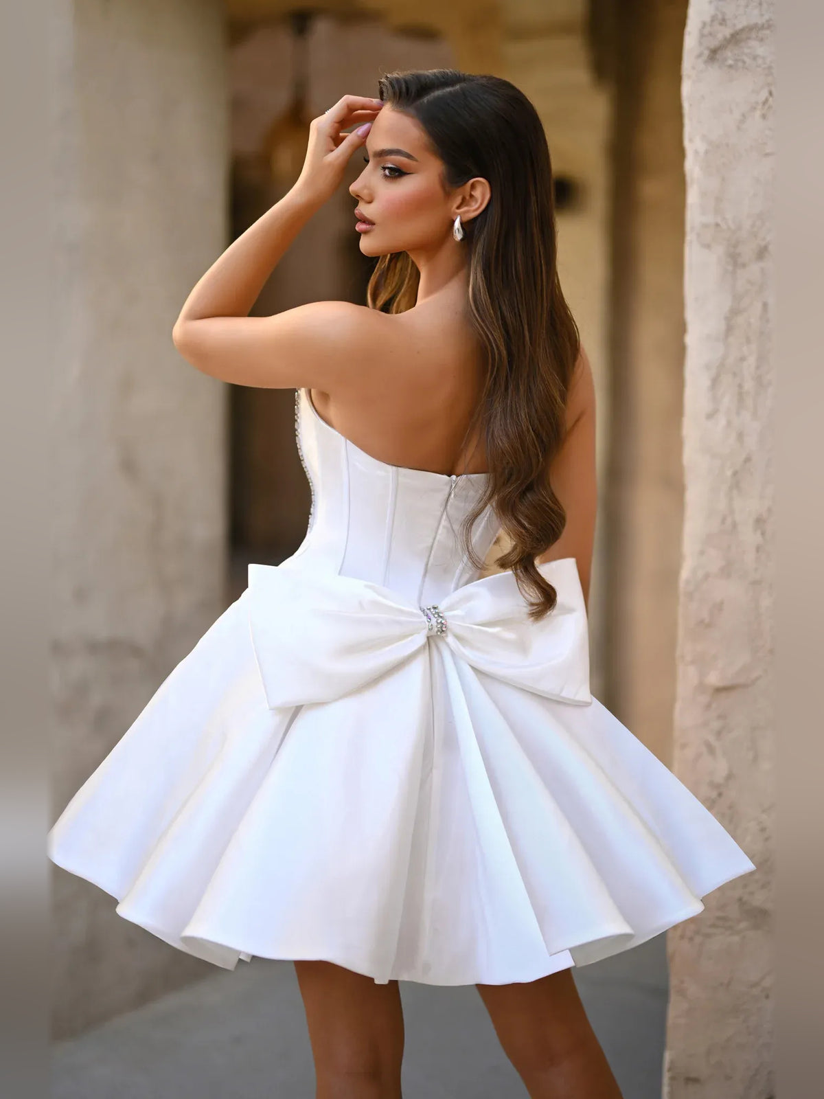 Corset Bow Sweetheart A-Line Mini Satin Homecoming Dress for Dinner Reception