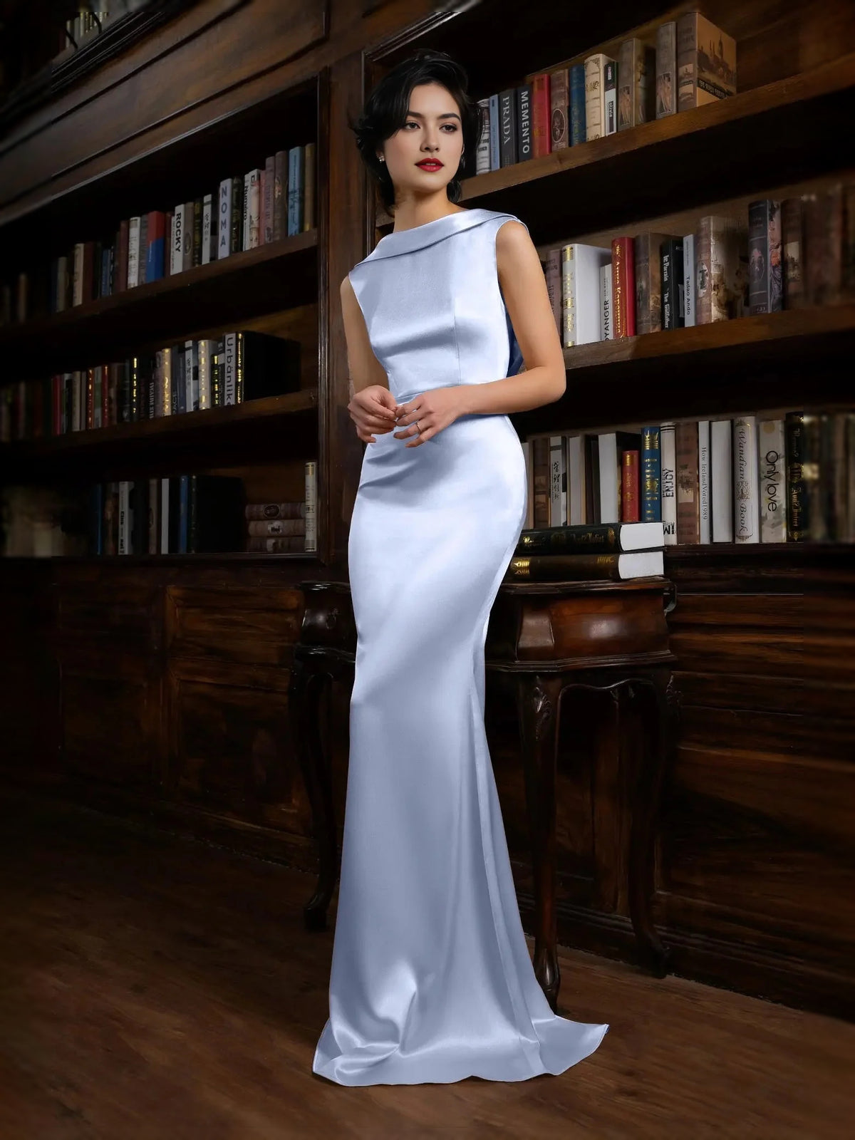 Draped Boat Neck Mermaid Maxi Satin Prom Dress for Ballroom Event