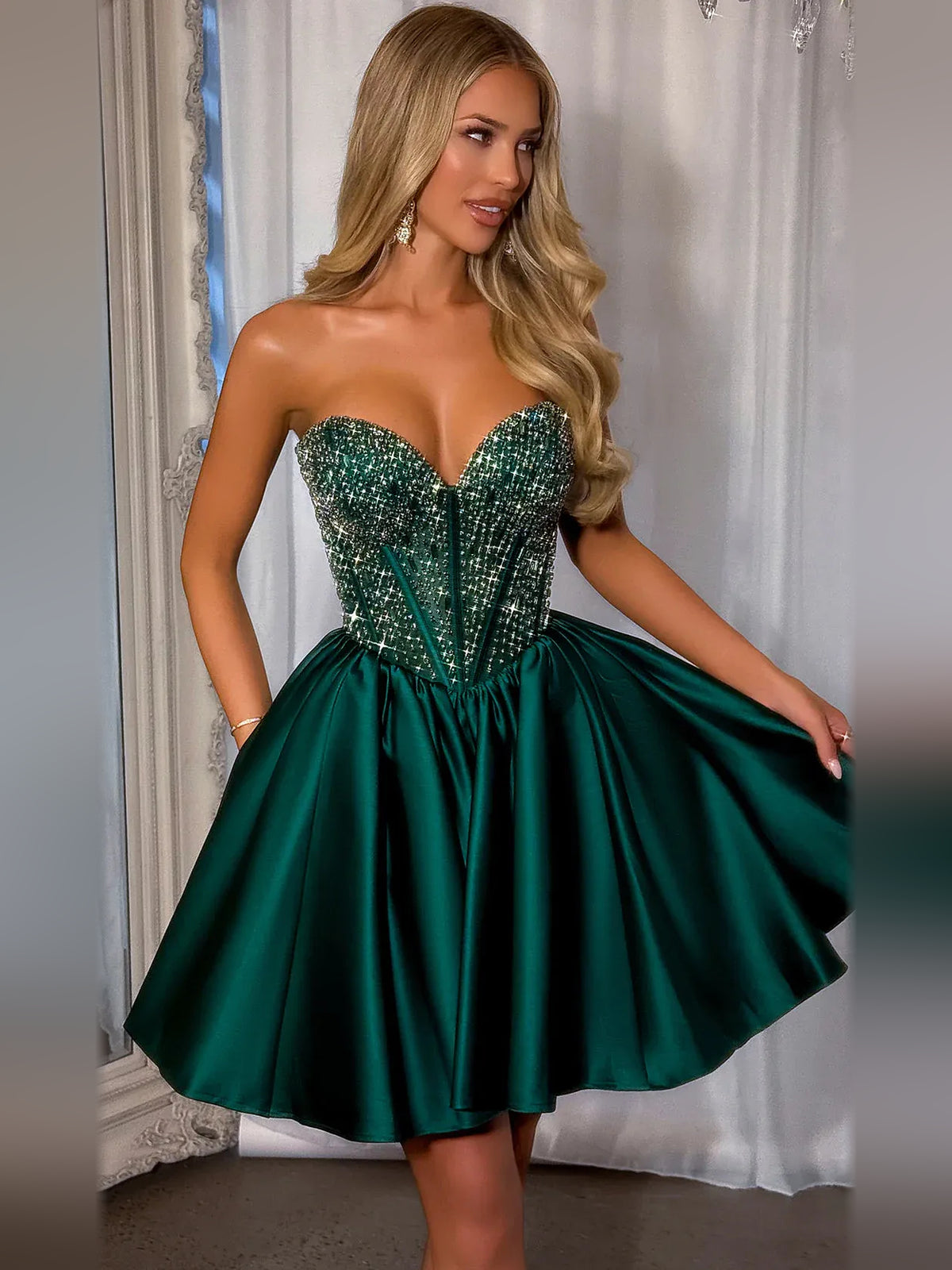 Corset Beaded Sweetheart A-Line Mini Satin Homecoming Dress for Milestone Birthday