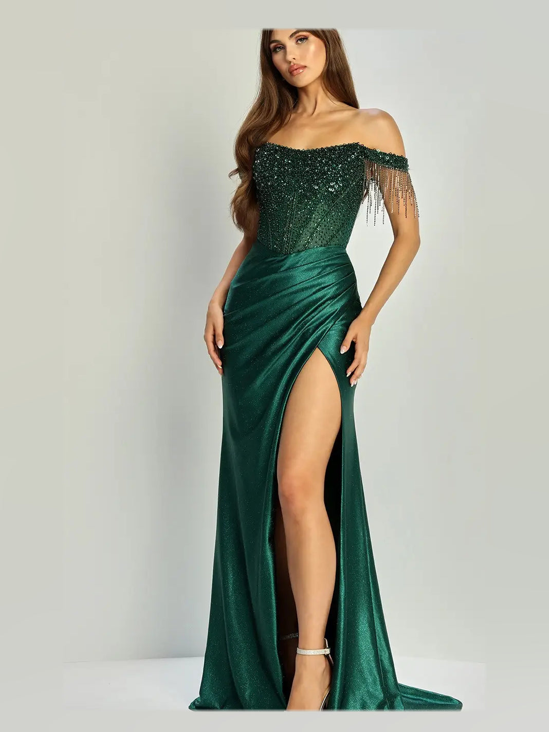 Corset Beaded Slit Off Shoulder Mermaid Floor-Length Satin Prom Dress for Evening Event