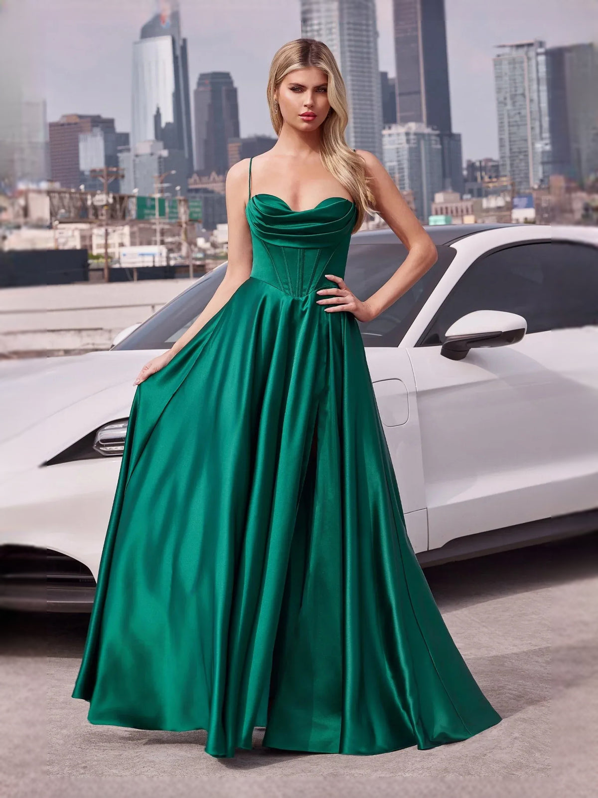 Ruched Corset Slit Sweetheart A-Line Floor-Length Satin Prom Dress for Charity Ball