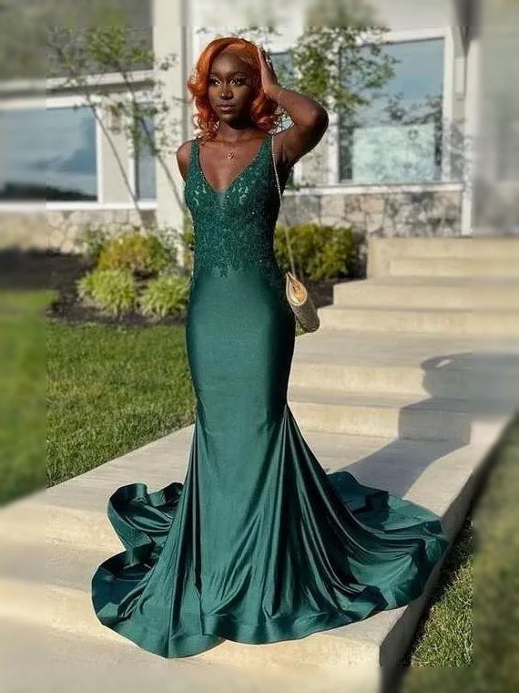 Emerald Green Draped Backless V Neck Mermaid Maxi Satin Prom Dress for Awards Dinner