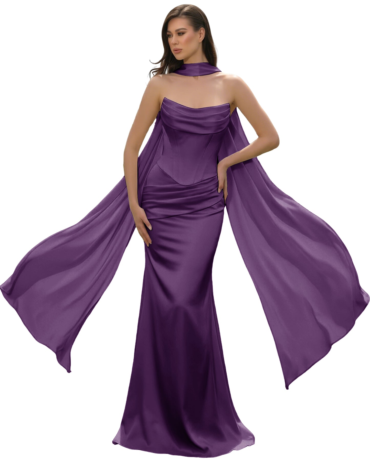 Satin Corset Mermaid Bridesmaid Dress with Cowl Neck and Dramatic Scarf