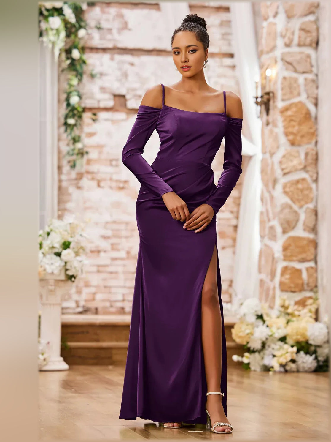 Off-The-Shoulder Long Sleeves Ruching Floor-Length Formal Dress