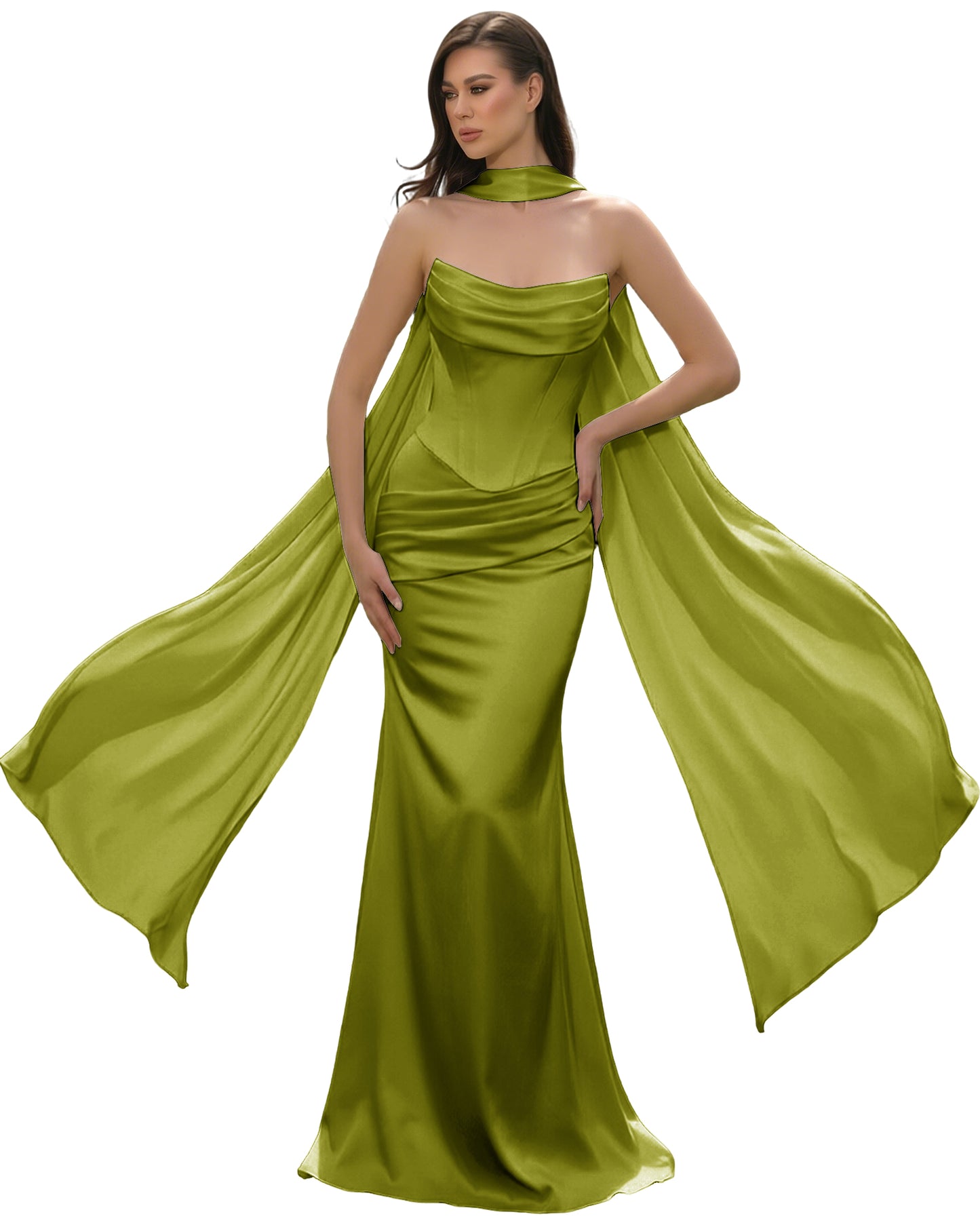 Satin Corset Mermaid Bridesmaid Dress with Cowl Neck and Dramatic Scarf