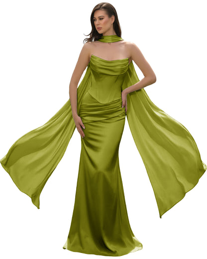 Satin Corset Mermaid Bridesmaid Dress with Cowl Neck and Dramatic Scarf, product image 37