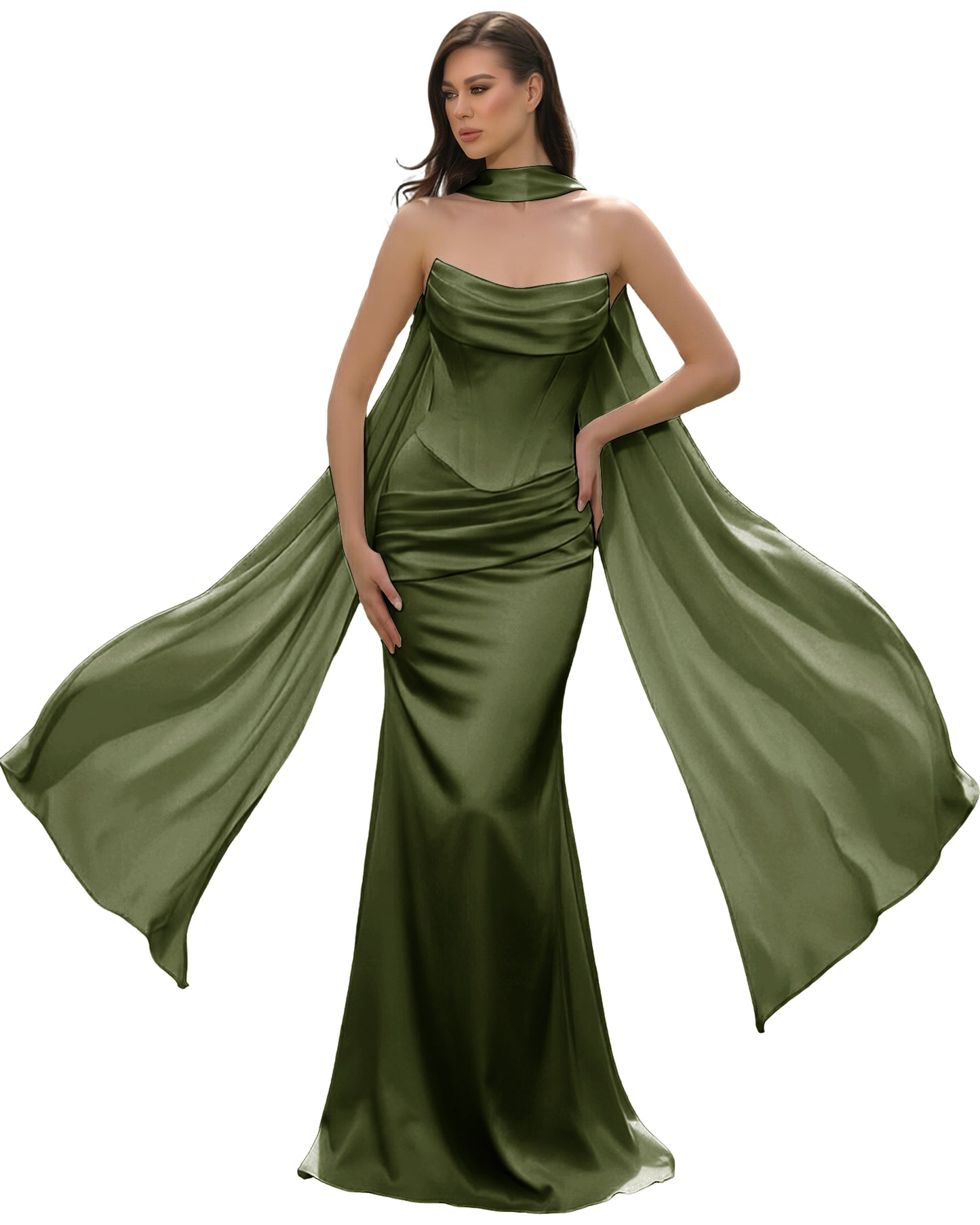 Satin Corset Mermaid Bridesmaid Dress with Cowl Neck and Dramatic Scarf