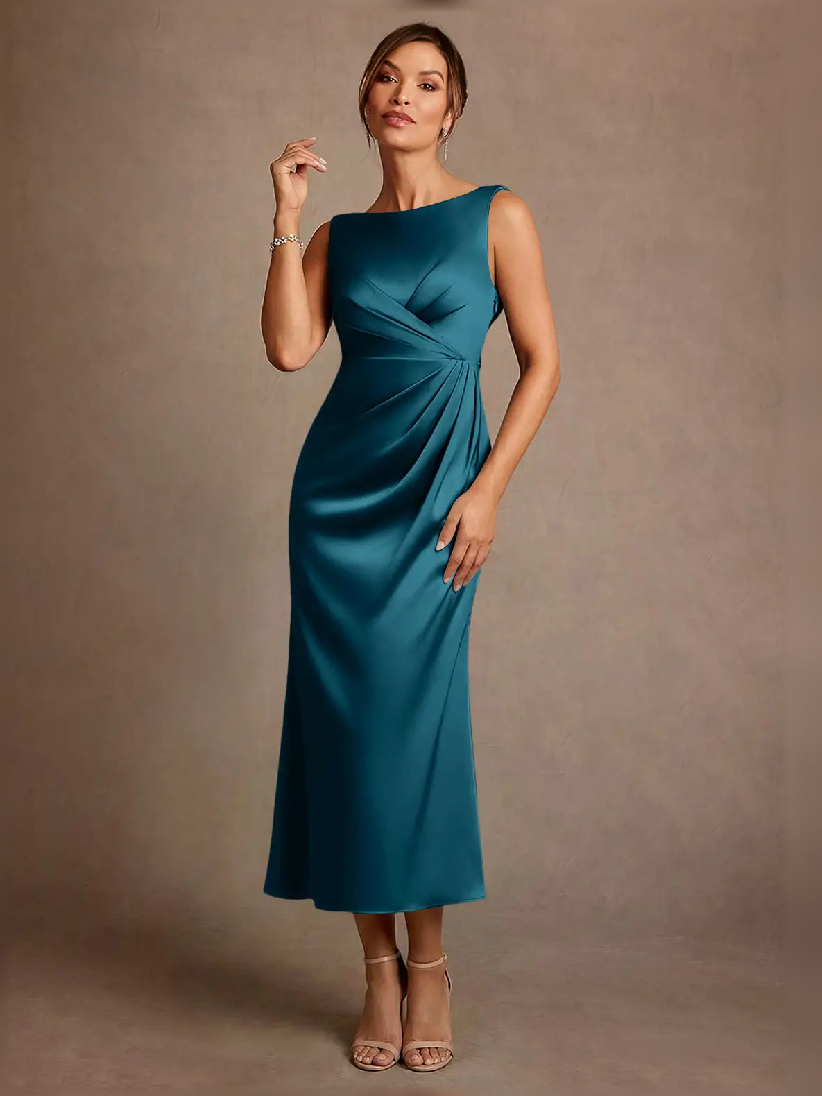 Ruched Draped Boat Neck Sheath Midi Satin Mother of the Bride Dress for Ballroom Reception