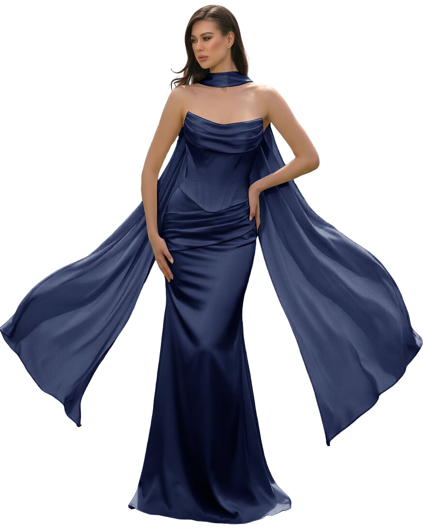Satin Corset Mermaid Bridesmaid Dress with Cowl Neck and Dramatic Scarf