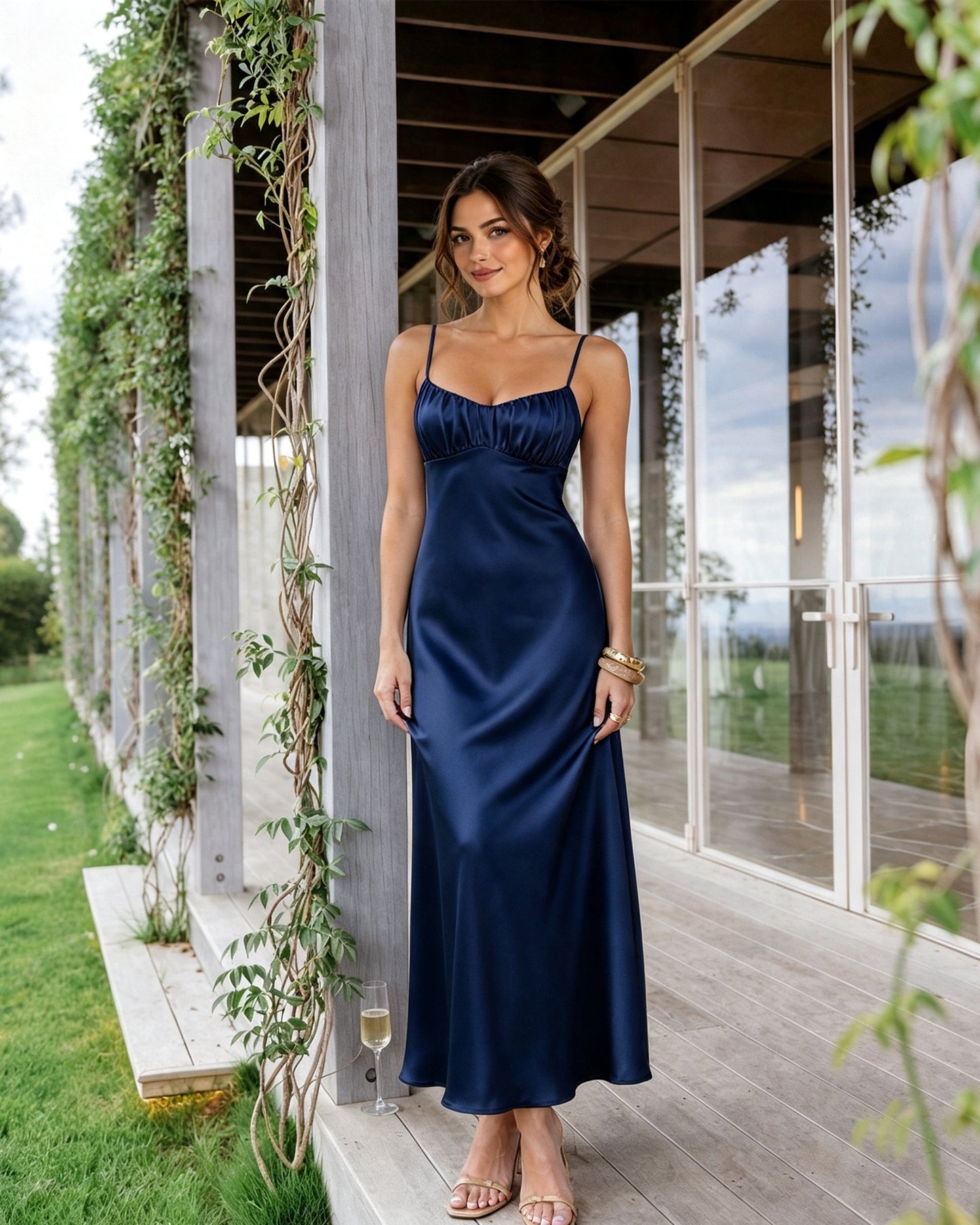 Spaghetti Strap Ruched Bust Satin Bridesmaid Dress with Tie-Back