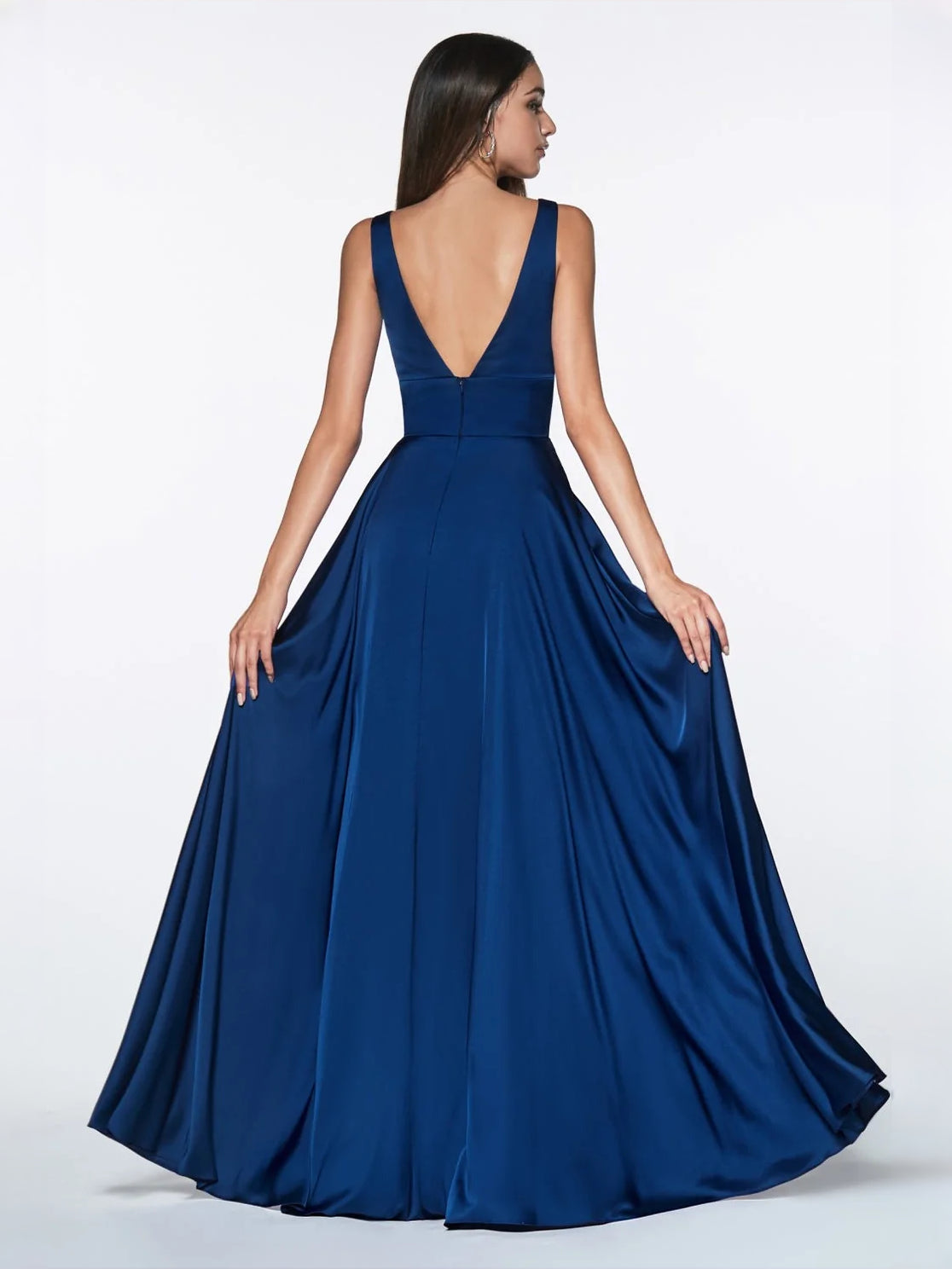 Slit V Neck A-Line Floor-Length Satin Prom Dress for Ballroom Event