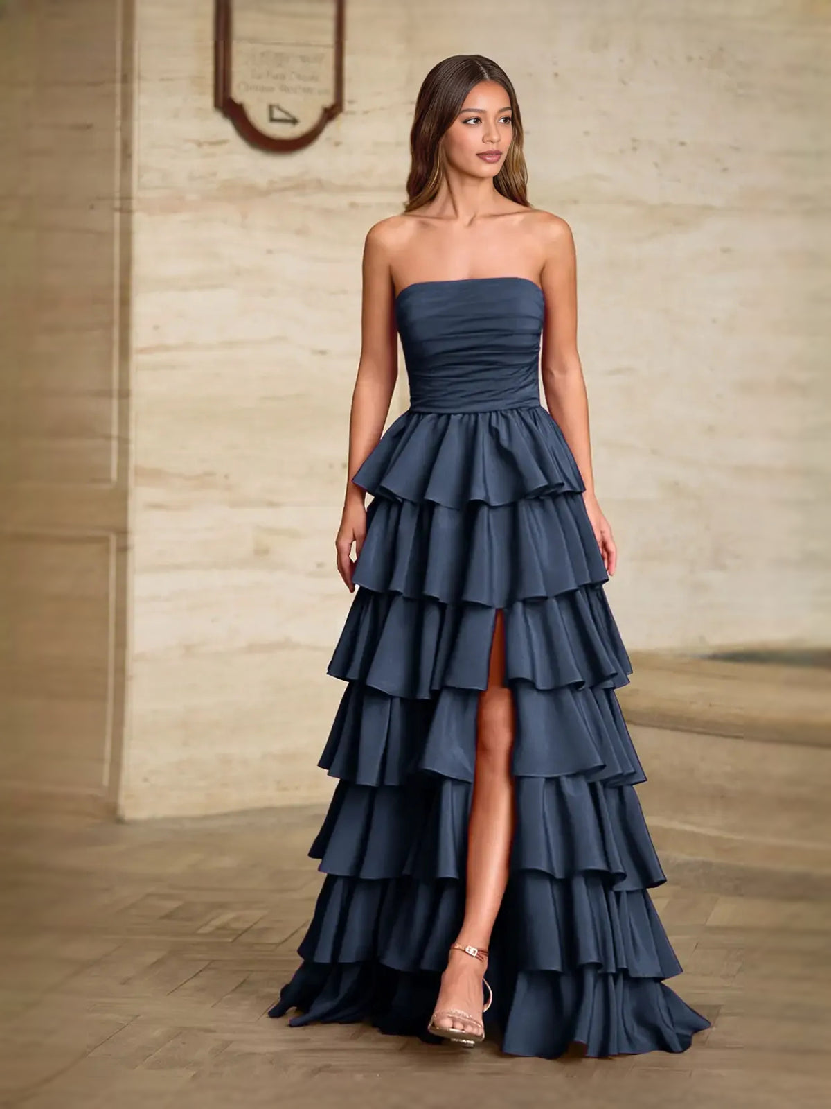 Ruched Ruffled Slit Strapless A-Line Maxi Satin Prom Dress for Senior Prom