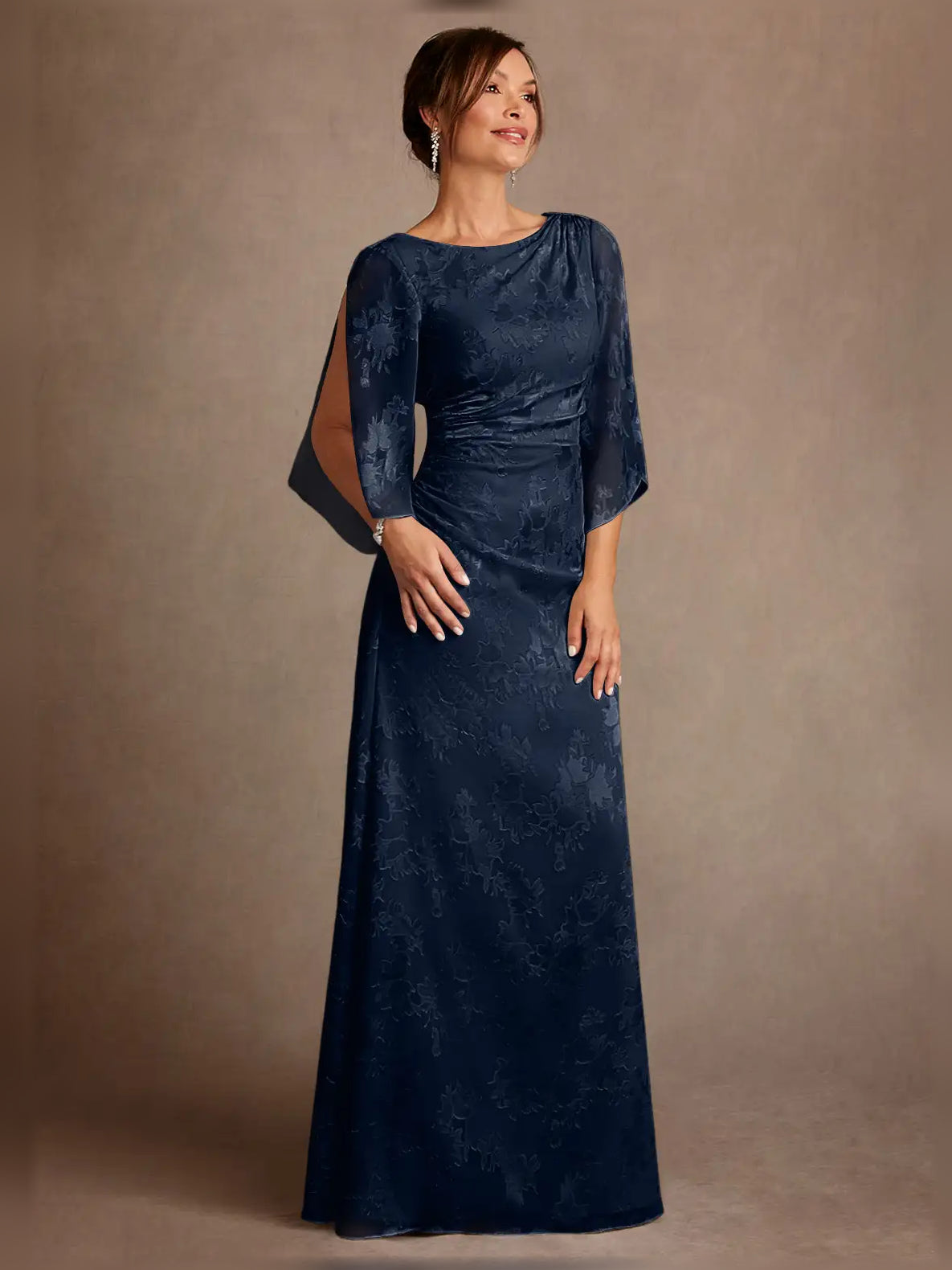 Ruched Draped Floral Bateau Neck Column Floor-Length Mother of the Bride Dress for Wedding Dinner