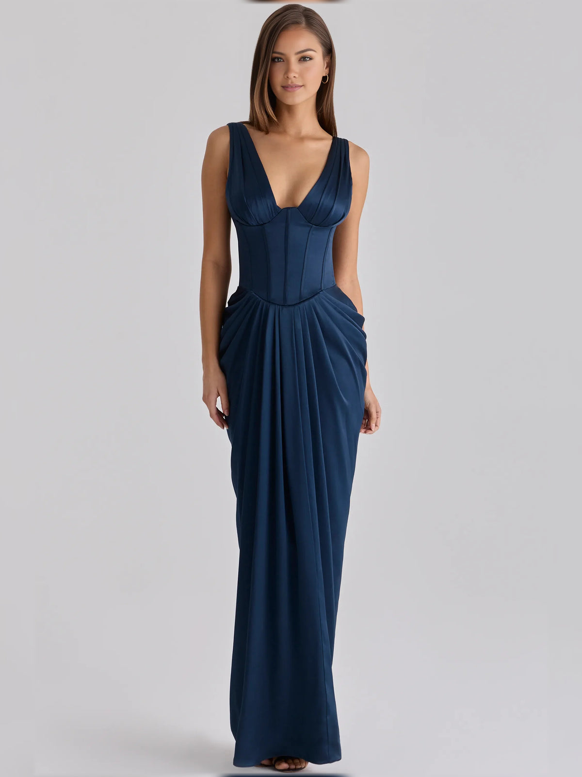 V Neck Corset Pleats Floor-Length Formal Dress