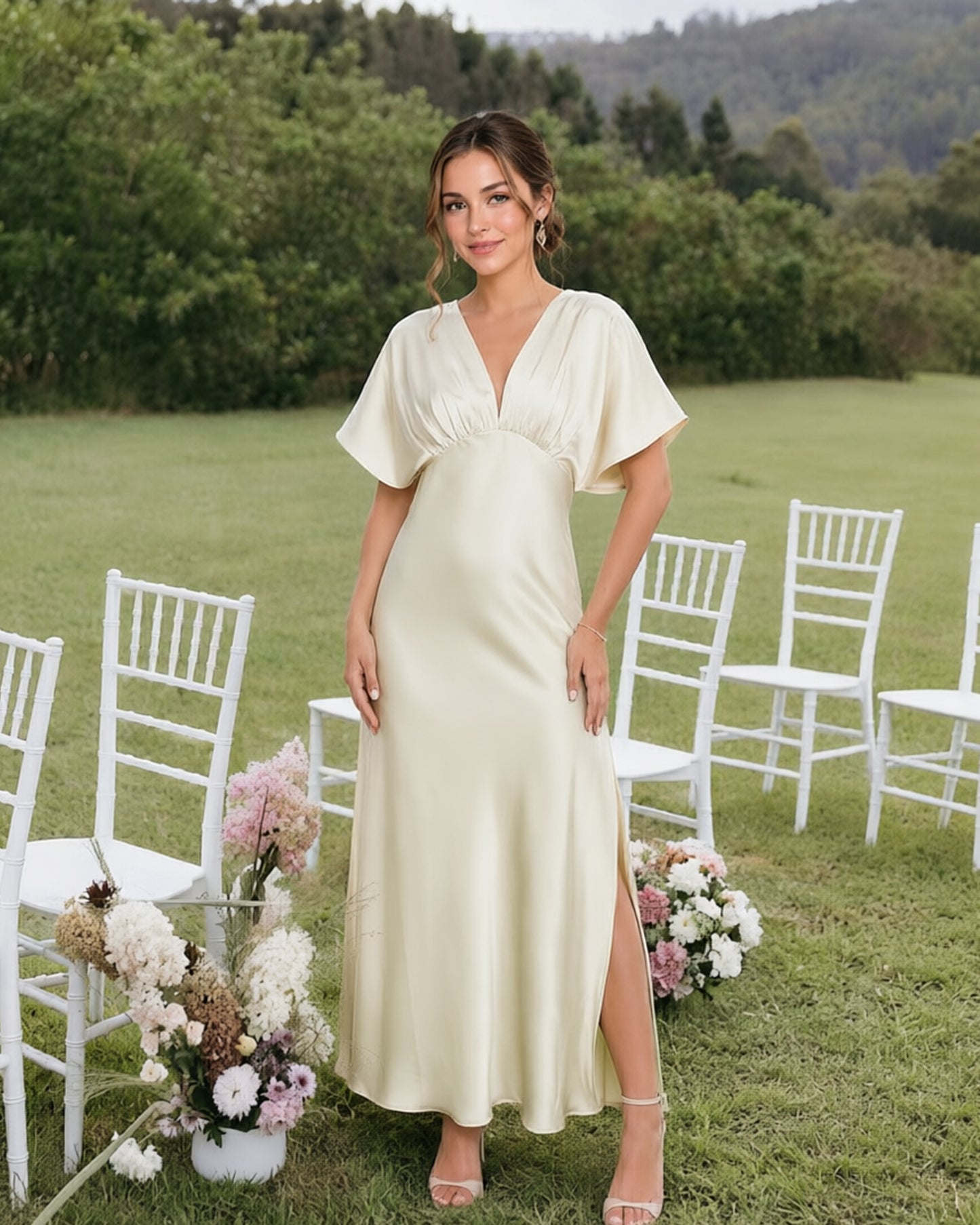 Empire Waist Satin Bridesmaid Dress with Flutter Sleeves and Side Slit