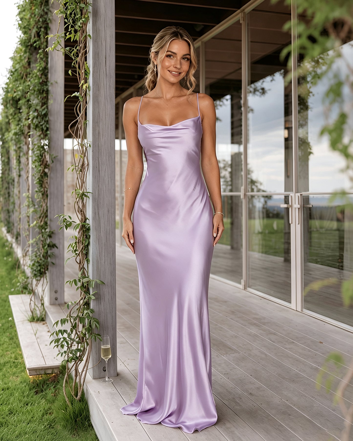 Cowl Neck Satin Bridesmaid Dress with Spaghetti Straps and Lace-Up Back