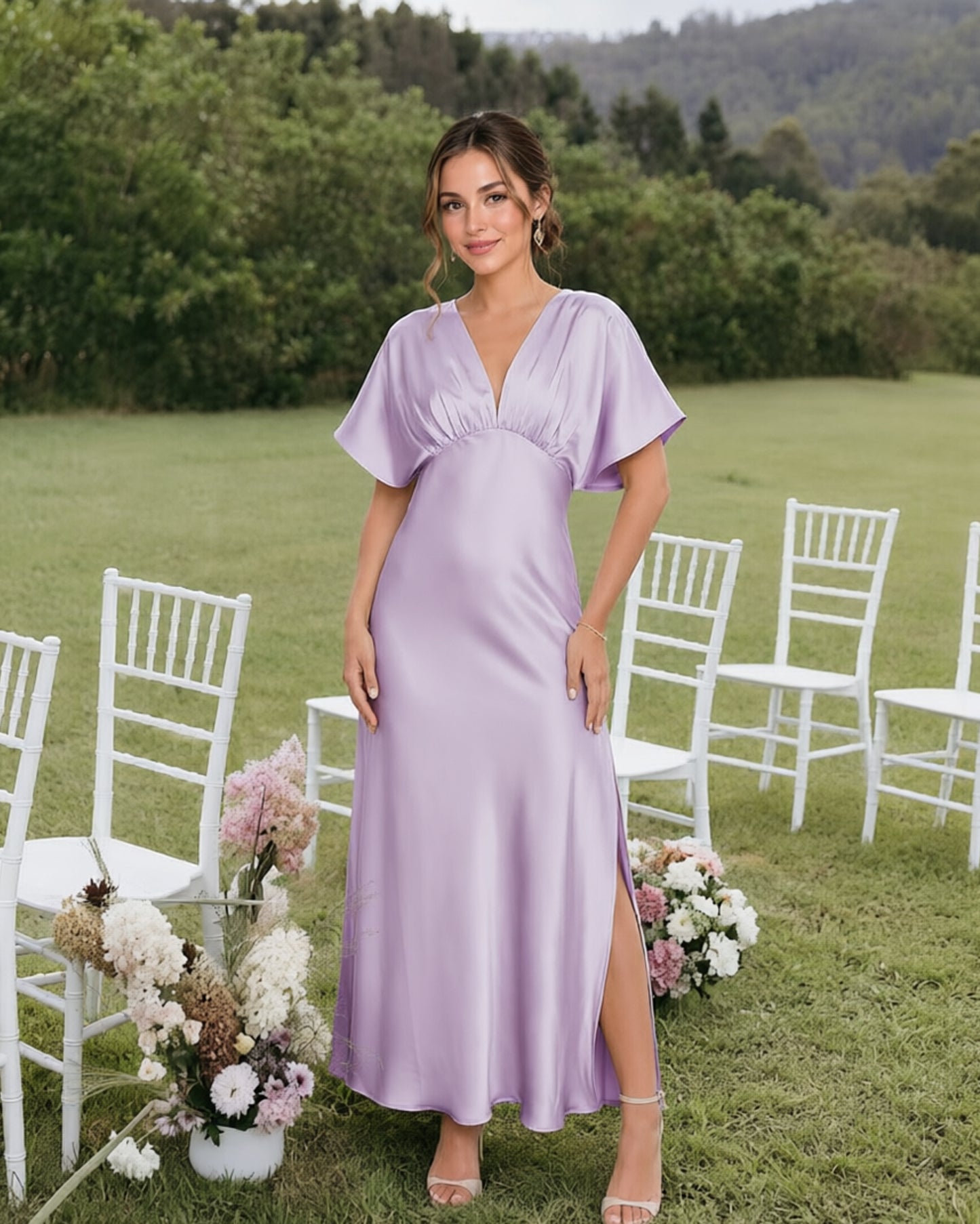 Empire Waist Satin Bridesmaid Dress with Flutter Sleeves and Side Slit