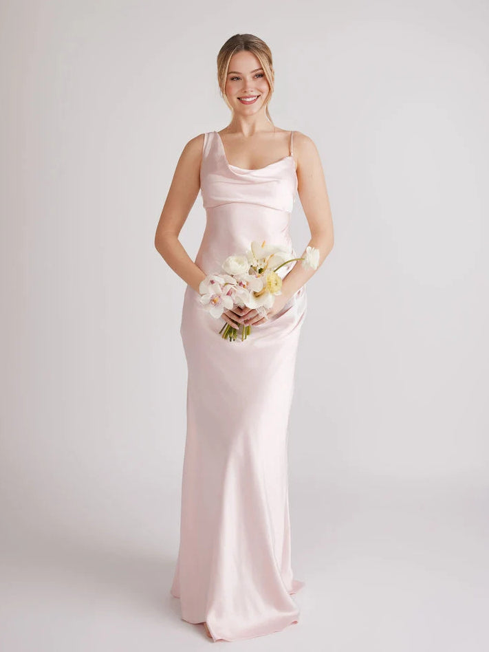 One Shoulder Sheath Maxi Satin Bridesmaid Dress for Bridal Party