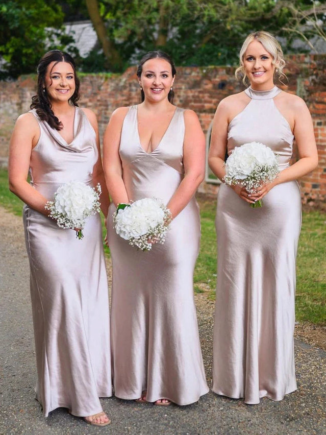 Cut-Out Halter Neck Column Floor-Length Satin Bridesmaid Dress for Garden Wedding