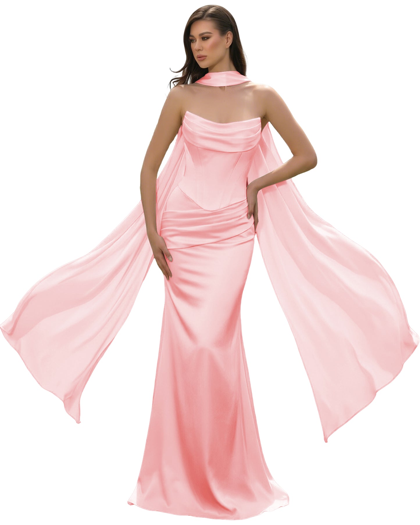 Satin Corset Mermaid Bridesmaid Dress with Cowl Neck and Dramatic Scarf
