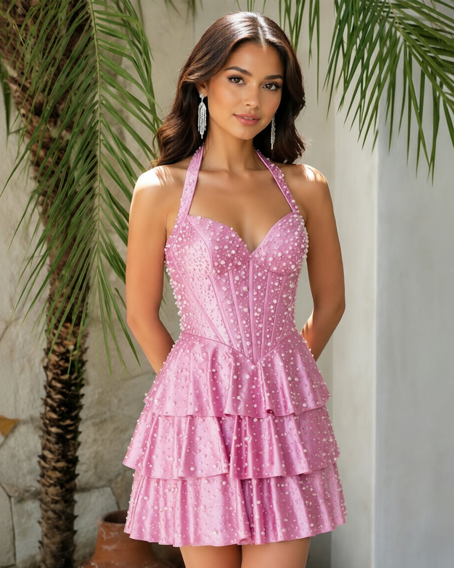 Halter Beaded Corset Tiered Homecoming Dress