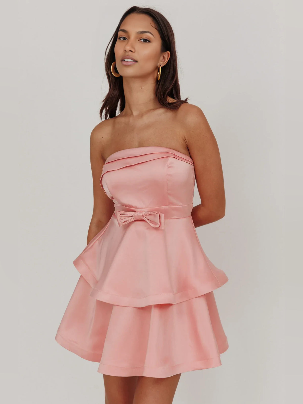 Tiered Ruffled Strapless Flared Mini Satin Homecoming Dress for Awards Ceremony