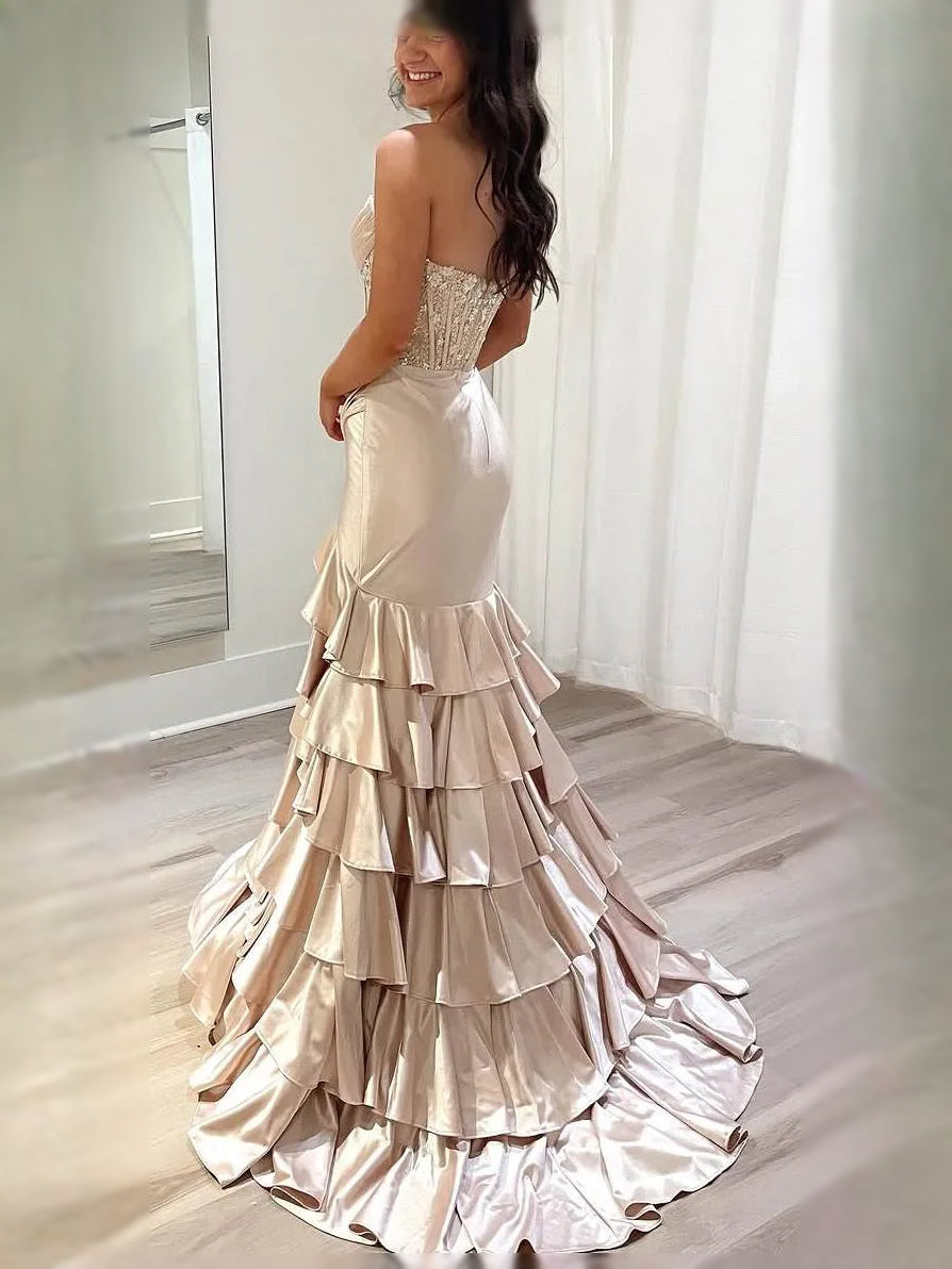 Ruched Draped Ruffled Slit Sweetheart Mermaid Floor-Length Satin Prom Dress for Winter Formal
