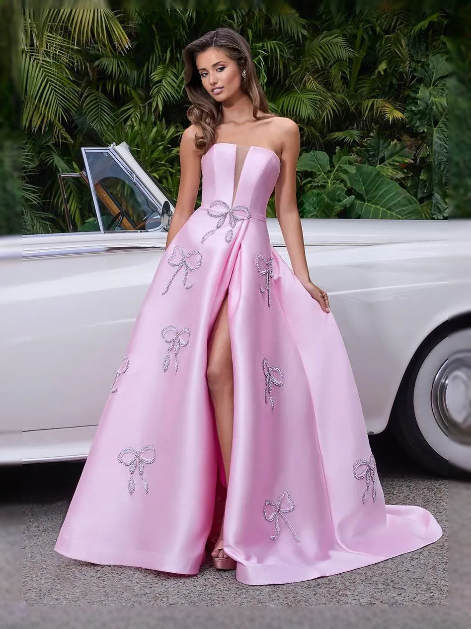 Front-Slit Bow Slit Strapless A-Line Maxi Satin Prom Dress for Red Carpet Event