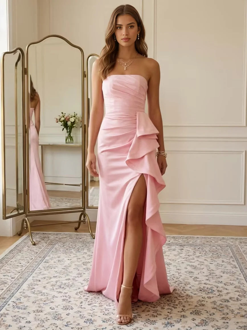 Ruched Front-Slit Ruffled Slit Strapless Mermaid Maxi Satin Prom Dress for Formal Dance
