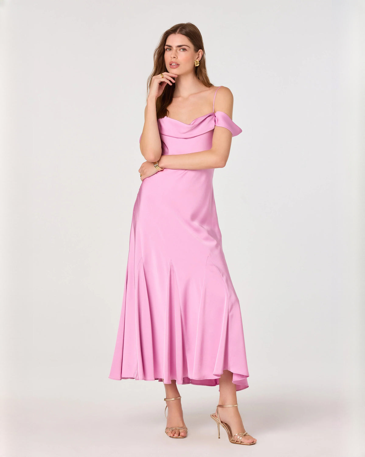 Refined Formal Reception Off-Shoulder Satin A-Line Midi Bridesmaid Dress