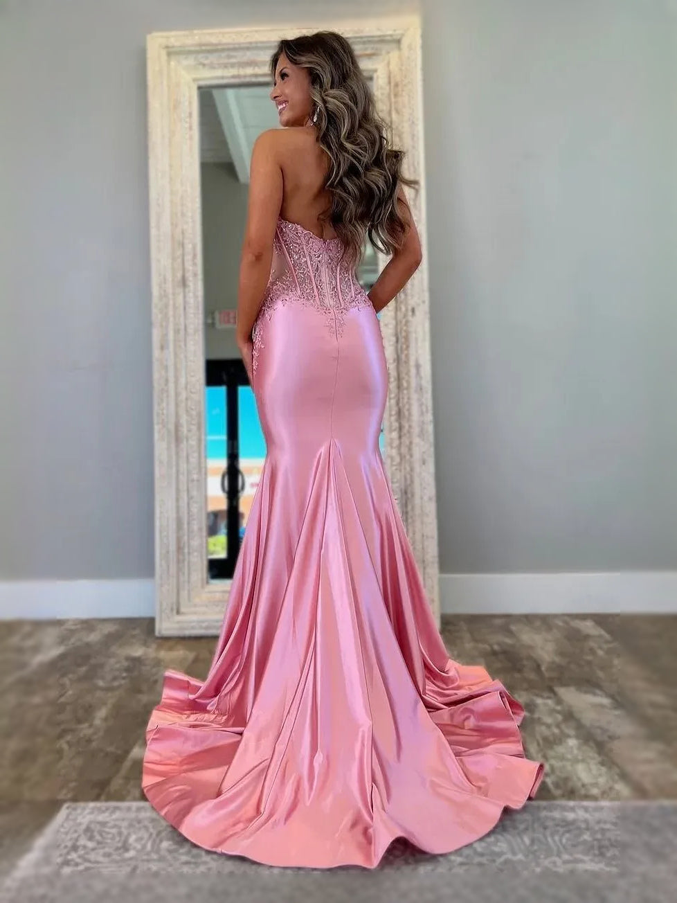 Pink Draped Corset Floral Ruffled Backless V Neck Mermaid Maxi Satin Prom Dress for Formal Dance