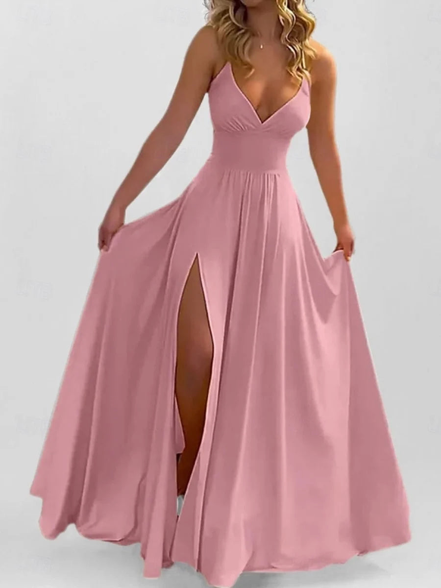 Ruched Side-Slit Slit V Neck A-Line Maxi Satin Prom Dress for Hotel Gala
