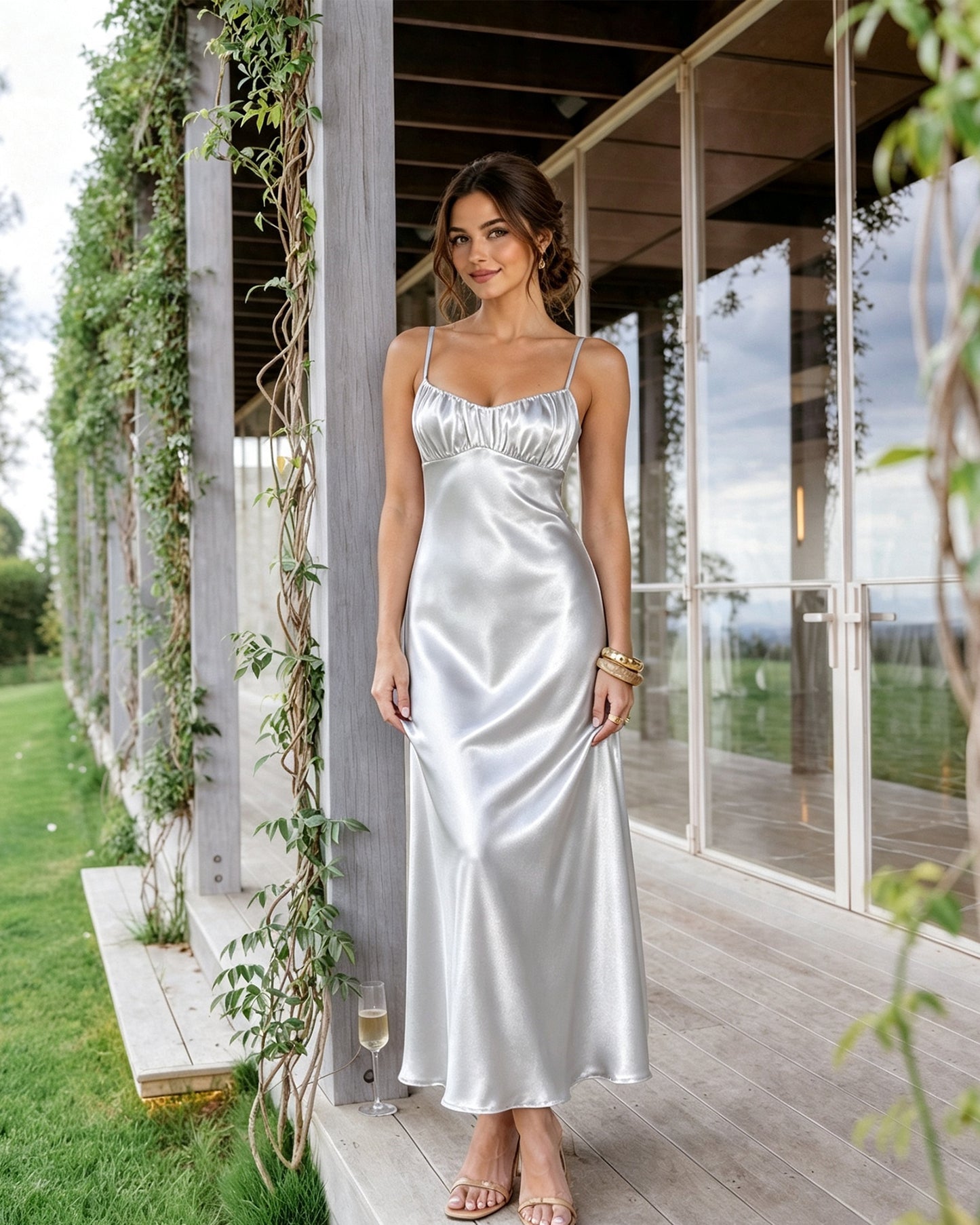 Spaghetti Strap Ruched Bust Satin Bridesmaid Dress with Tie-Back
